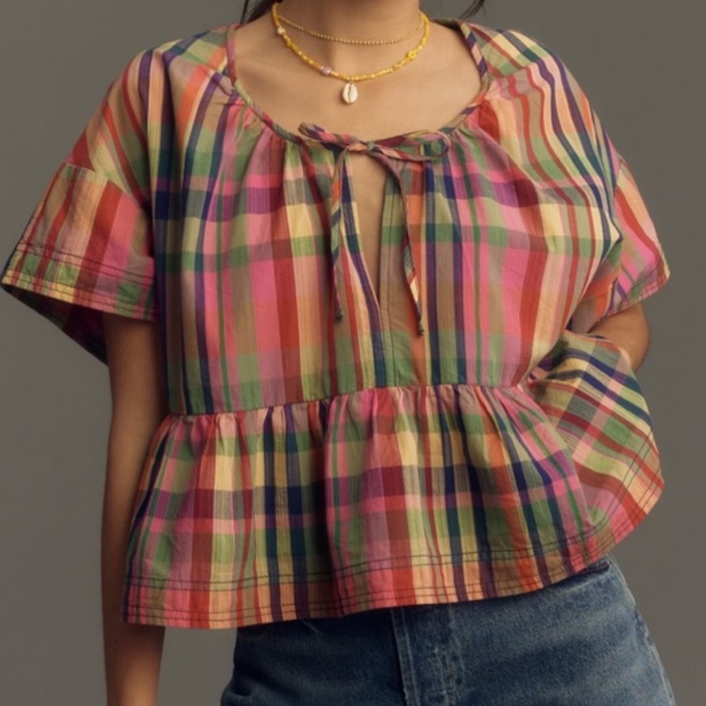 Pilcro Multicolor Madras Baby Doll Cotton Women's Top size L